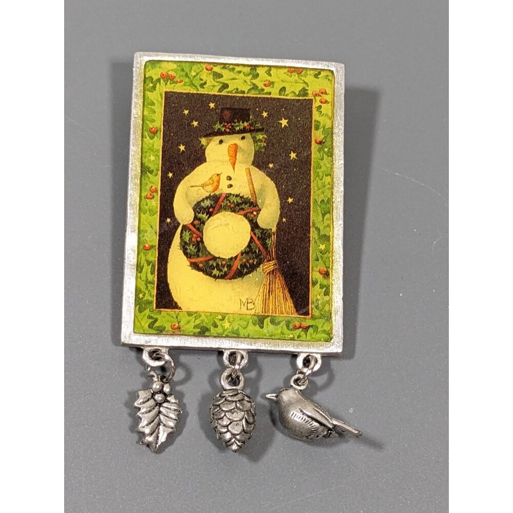 Vintage Marjolein Bastin Christmas Snowman Country Style Bird Charm Pin‎